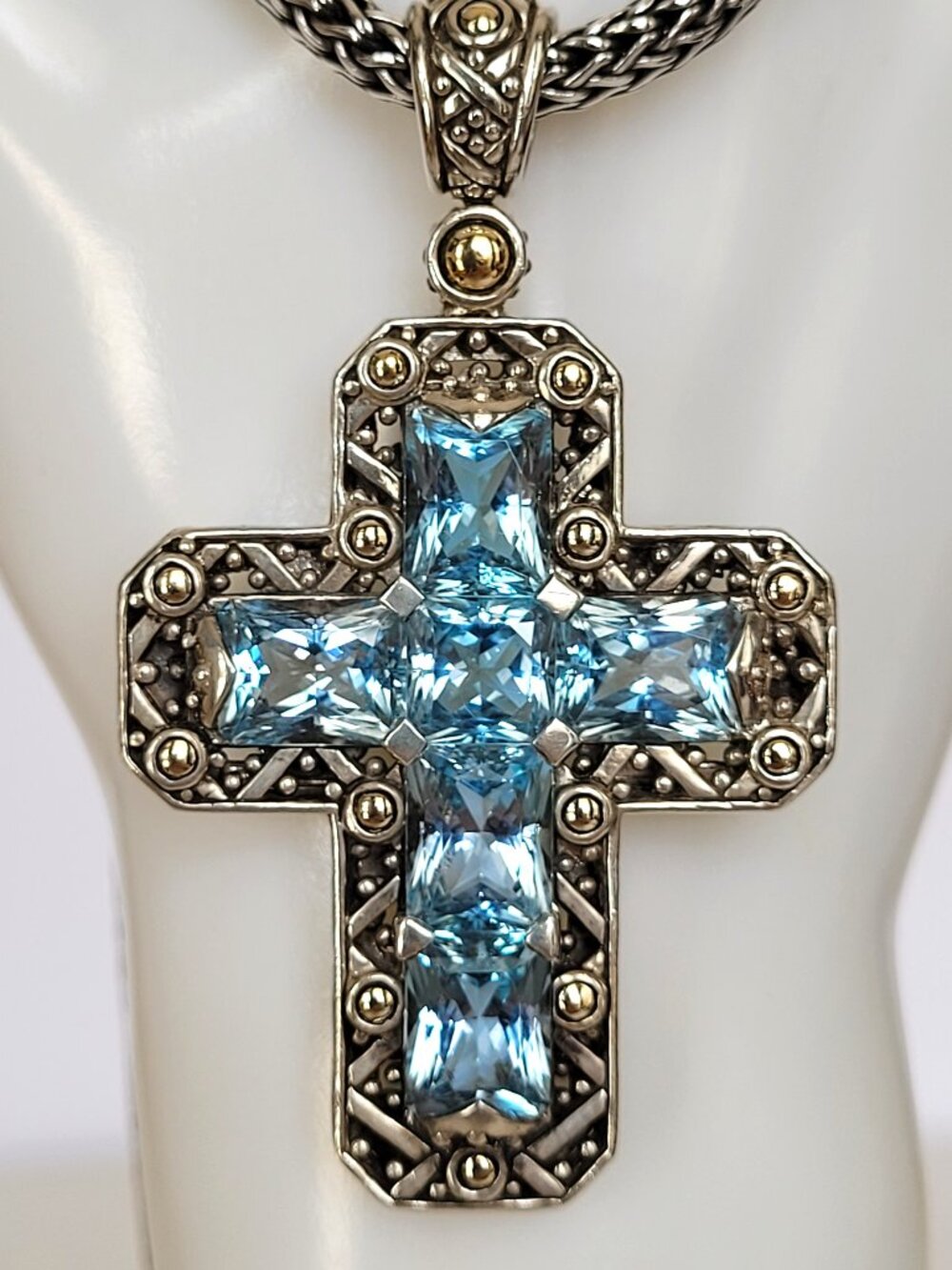 John Hardy Sterling Silver & 18K Gold Blue Topaz Cross Pendant Necklace